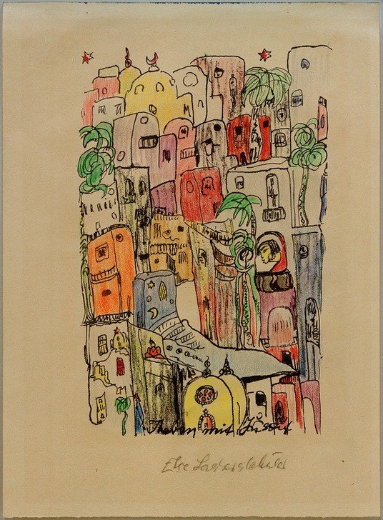 Else Lasker-Schüler, Theben mit Jussuf (Architektur,Deutsche Kunst,Kunst,Literatur,Palme,Stern,Orientalismus,Frauenkunst,Expressionismus,Der Blaue Reiter,Stadtansicht,Architekturdarstellung,Jüdische Kunst,Halbmond,Jüdin,Mehrfachbegabung,Farbstift)