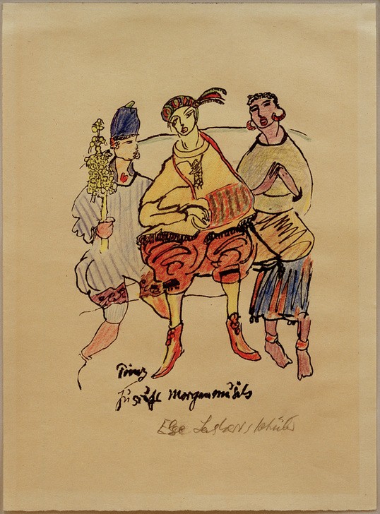 Else Lasker-Schüler, Prinz Jussufs Morgenmusik (Deutsche Kunst,Dichterin,Jüdische Religion,Kopfbedeckung,Kunst,Literatur,Mann,Mensch,Musik,Orientalismus,Frauenkunst,Expressionismus,Der Blaue Reiter,Jüdische Kunst,Singen,Jüdin,Musikant,Sitzen,Buntstift,Mehrfachbegabung)