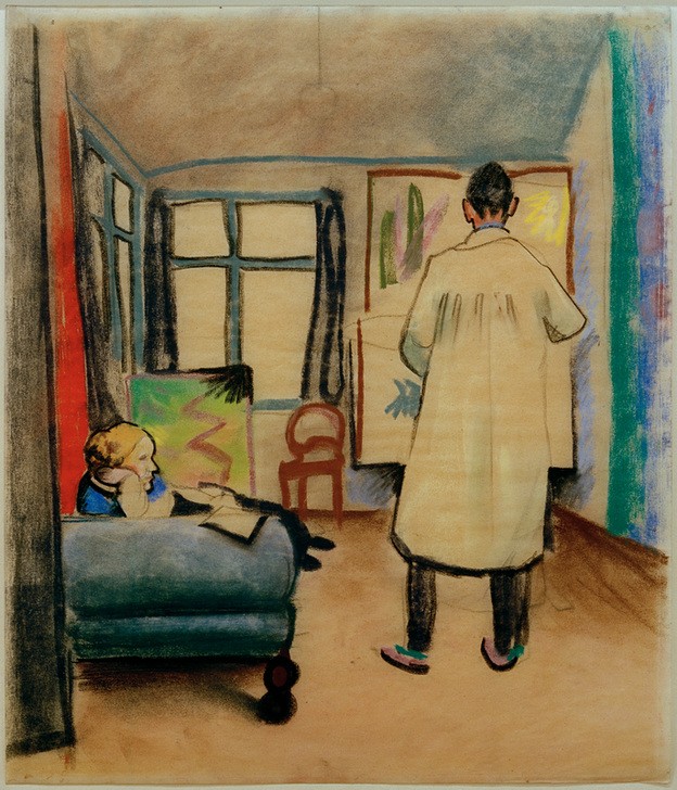 August Macke, Franz und Maria Marc im Atelier bei August Macke in Bonn (Atelier,Deutsche Kunst,Ehepaar,Fenster,Frau,Kunst,Mann,Staffelei,Künstler Bei Der Arbeit,Expressionismus,Der Blaue Reiter,Rückenfigur,Sofa,Stuhl,Liegen,Malerkittel)