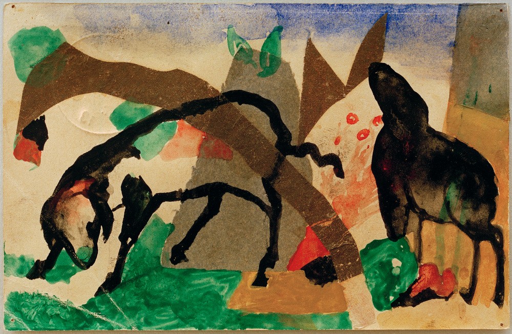 Franz Marc, Zinnobergruß (Postkarte, Tiere, Zwei Schafe, abstrahiert, klassische Moderne, Expressionismus, Wohnzimmer, Treppenhaus, Wunschgröße)