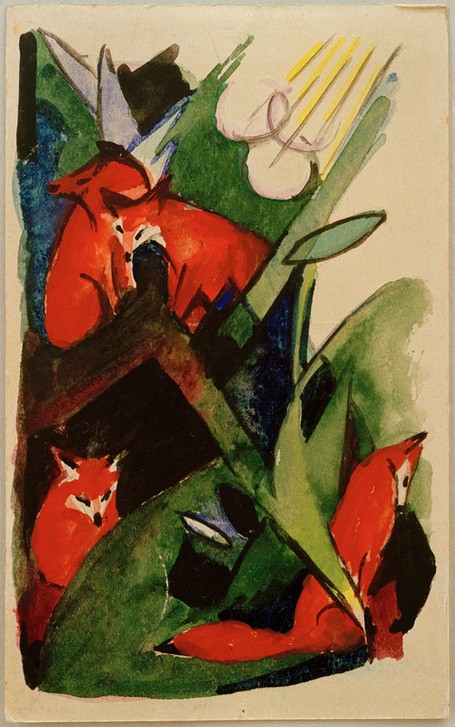 Franz Marc, Vier Füchse (Füchse, Tiere, abstrahiert, klassische Moderne, Expressionismus, Wohnzimmer, Treppenhaus, Wunschgröße)
