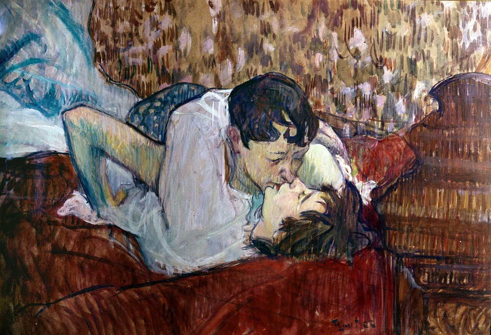 Henri de Toulouse-Lautrec, Au lit: Le Baiser (Bett,Erotik,Frau,Kunst,Liebe,Liebespaar,Impressionismus,Begierde,Kuss,Umarmung,Französische Kunst,Sexualität,Liegen)
