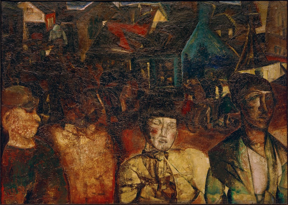Constant Permeke, Die Kirmes (FESTE, FLÄMISCHE KUNST, FRAU, HAUS, JAHRMARKT, KUNST, MANN, MENSCH, FREIZEIT, ABEND,  MENSCHENMENGE,  UNTERHALTUNG (ENTERTAINMENT), KIRMES, Expressionismus, Wunschgröße, Klassische Moderne, Wohnzimmer)