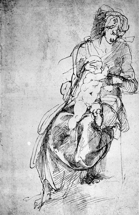MICHELANGELO BUONARROTI, Studie zu einer Maria mit Kind (Maria lactans?) (Maria, Kind, Christus, Religion, Skizze, Zeichnung, Klassiker, Renaissance, Wunschgröße, schwarz/weiß)