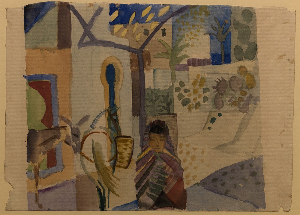 August Macke, Mädchen mit Pferd und Esel (Deutsche Kunst,Kind,Kunst,Mädchen,Pferd (Tier),Strassenszene,Völkerkunde,Esel,Orientalismus,Expressionismus,Der Blaue Reiter,Exotik,Tier,Land Und Leute,Garten,Die Tunisreise)