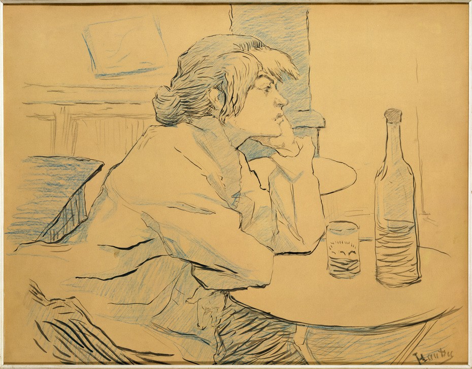 Henri de Toulouse-Lautrec, Die Trinkerin (Alkohol,Frau,Kunst,Genussmittel,Trinken,Flasche,Französische Kunst,Sucht,Getränk,Frauenleben,Kater (Alkohol),Alkoholikerin,Branntwein)
