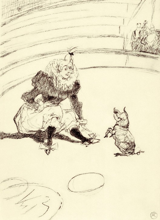 Henri de Toulouse-Lautrec, Clownin und Schwein (Fahrendes Volk,Frau,Gesellschaft,Kunst,Schwein,Zirkus (Theater),Dressur,Französische Kunst,Manege,Clownesse)