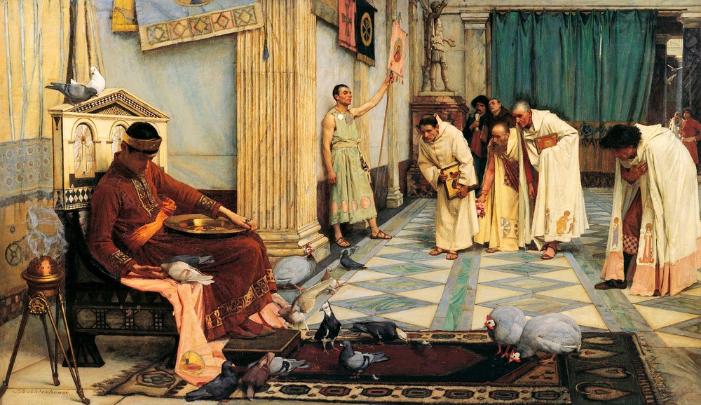 John William Waterhouse, The Favourites of the Emperor Honorius (Kaiser, Römisches Reich, Thron, Interieur, Tauben, Hühner, Boten, Nachrichten, Wohnzimmer, Klassiker, Malerei, Wunschgröße)