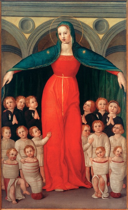 Domenico di Michelino, Madonna der Findelkinder  (Madonna, Schutzmantelmadonna, Kinder, Wickelkinder, Schutz, Maria, Chrtistentum, Religion, Wunschgröße, Renaissance, Wohnzimmer,Malerei)