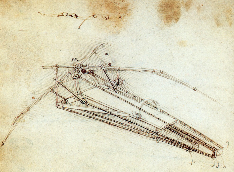 Leonardo da Vinci, Flugmaschine (Flugmaschine, Erfindung,  Ornithopter, Technik, Luftfahrt, Verkehr,   Flugmaschine, Technische Zeichnung, Wissenschaft, Studie, Renaissance, Klassiker, Zeichnung, Wunschgröße, Wohnzimmer,)