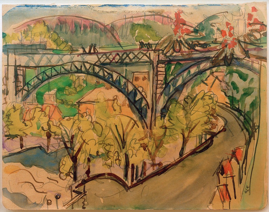 Ernst Ludwig Kirchner, Eisenbahnbrücke / 1916 (Bogenbrücke,Brücke,Deutsche Kunst,Eisenbahnbrücke,Kunst,Strasse (Allgemein),Fluss,Expressionismus,Architekturdarstellung,Die Brücke)