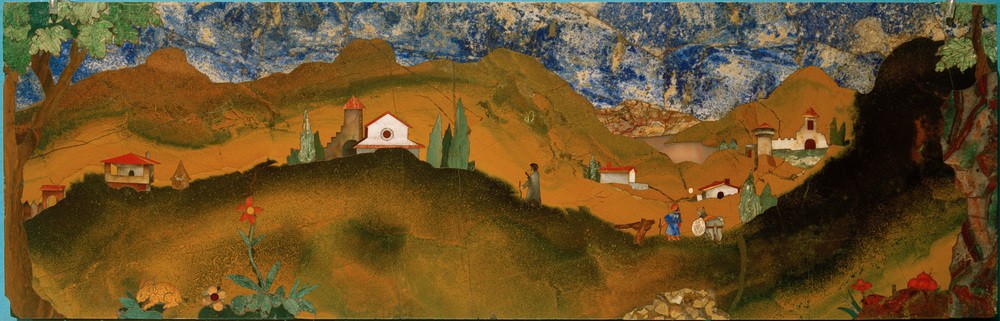 Bernardino Barbatelli, Toskanische Landschaft  (Landschaft, Landschaftsmalerei, Toskana, Italien, Hügel, Dorf, Idylle, Klassiker, Poccetti, Ranaissance, Wohnzimmer, Wunschgröße, bunt)