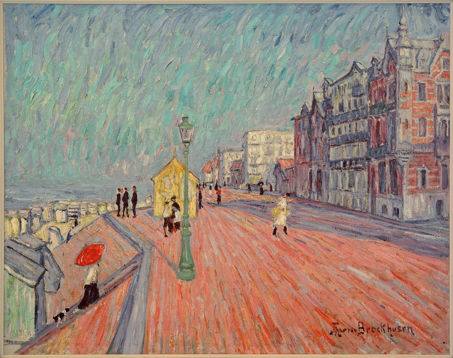 Theo von Brockhusen, Strandpromenade in Knocke (Deutsche Kunst,Haus,Küste,Landschaft,Seebad,Strand,Strassenlaterne,Meer,Impressionismus,Reise,Architekturdarstellung,Strassenbeleuchtung,Jahrhundertwende,Häuserzeile,Promenade)