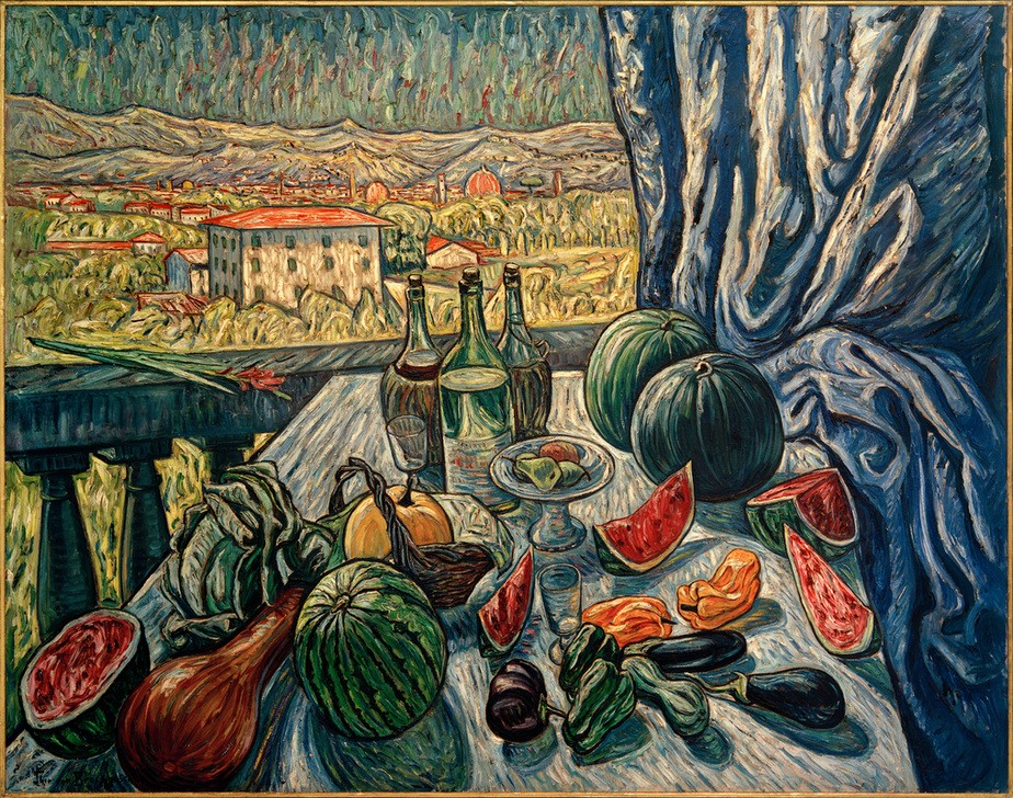 Theo von Brockhusen, Blick vonder Villa Romana auf die Silhouette der Stadt Florenz (Deutsche Kunst,Fenster,Früchte,Gebirge,Geographie,Landschaft,Wein,Paprika,Impressionismus,Stillleben,Stadtansicht,Berg,Topographie,Weinflasche,Aubergine,Melone (Frucht),Aussicht)