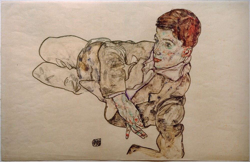 Egon Schiele, Liegender Junge (Kinderbild In Der Kunst,Kind,Kunst,Mensch,Portrait,Expressionismus,Österreichische Kunst,Knabe,Liegen,Ganzfigurig,Wiener Werkstätte,Signatur)