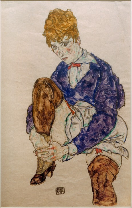 Egon Schiele, Porträt der Frau des Künstlers (Ehefrau,Damenmode,Frau,Künstler,Kunst,Maler (Künstler),Mode,Strumpf,Zeichner,Ehefrau Von Berühmten,Portrait,Expressionismus,Künstlerfrau,Österreichische Kunst,Kleidung (Allgemein),Sitzen,Junge Frau,Blick Aus Dem Bild,Körperhaltung,Person,Wiener Werkstätte)