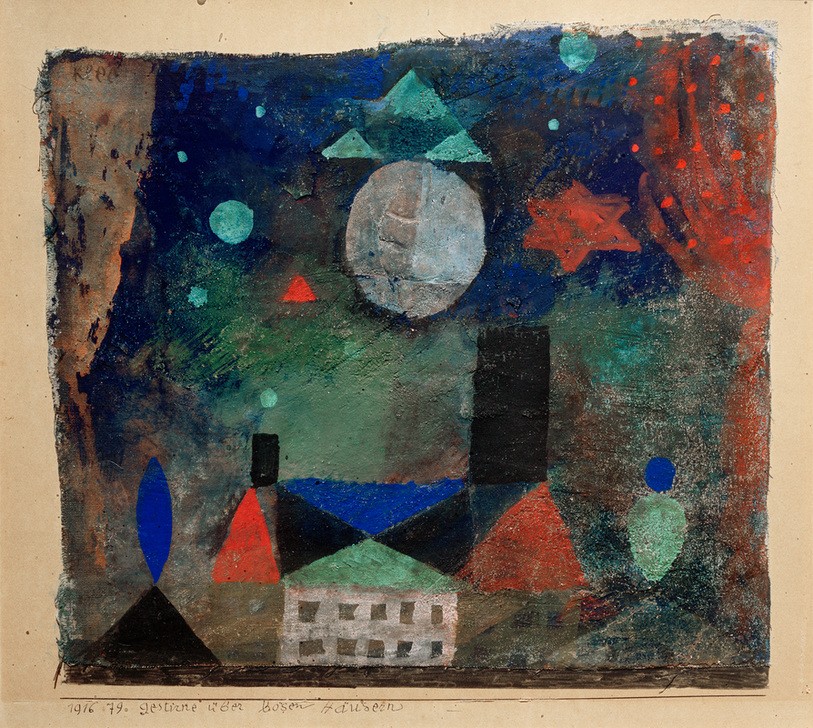 Paul Klee, Gestirne über bösen Häusern (Architektur,Bauhaus,Deutsche Kunst,Dorf,Haus,Kunst,Mond,Stadt,Stern,Tageszeiten,Nacht,Kubismus,Expressionismus,Der Blaue Reiter,Abstrakte Kunst,Stadtansicht,Architekturdarstellung,Schweizerische Kunst,Deutscher Künstlerbund,Ansicht,Vollmond,Abstraktion)
