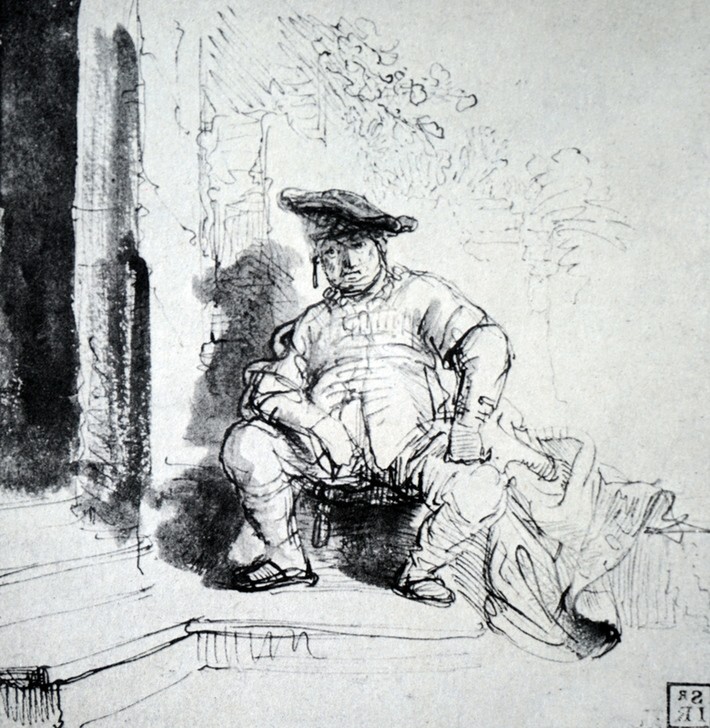 Rembrandt Harmenszoon van Rijn, Man Seated on a Step (Künstler,Mann,Illustration)