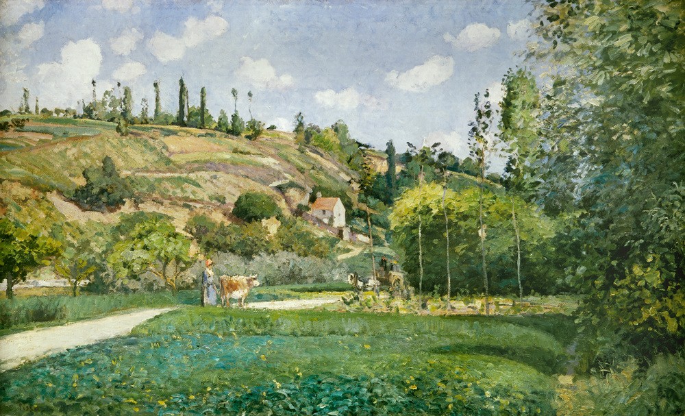 Camille Pissarro, Kuhhirtin bei Valhermeil, Auvers-sur-Oise (Frau,Kunst,Landschaft,Rinderzucht,Rind,Impressionismus,Bäuerin,Tal,Französische Kunst,Viehzucht)