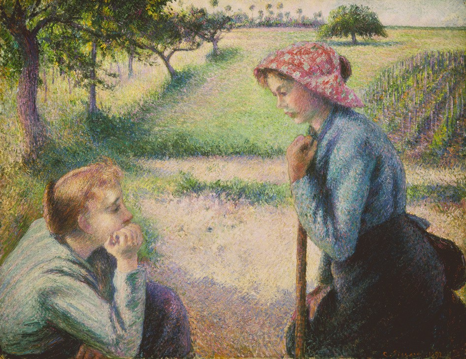 Camille Pissarro, Das Schwätzchen (Zwei junge Bäuerinnen) (Frau,Gesellschaft,Kunst,Volkskunde,Impressionismus,Pointillismus,Bäuerin,Französische Kunst,Frauenleben,Landbevölkerung,Junge Frau,Schwätzchen,Unterhaltung (Gespräch))