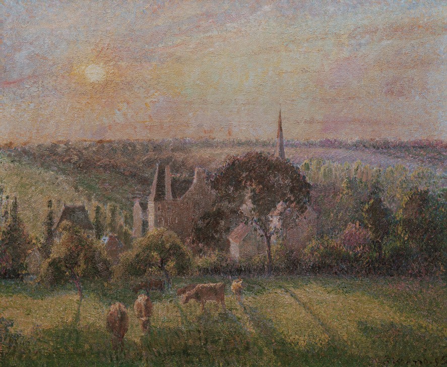 Camille Pissarro, Landschaft bei Eragny: Kirche und Gehöft (Architektur,Bauernhaus,Dorf,Jahreszeiten,Kirche,Kunst,Landschaft,Sommer,Sonne,Impressionismus,Wiese,Französische Kunst,Sonnenschein,Sonnenstrahlen,Jahrhundertwende,Landwirtschaft,Viehzucht,Weide (Wiese))