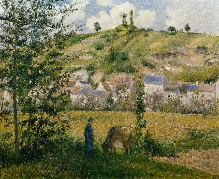Camille Pissarro,  Landschaft bei Chaponval, Val d'Oise (Dorf,Kunst,Landschaft,Rind,Impressionismus,Hirte,Wiese,Bäuerin,Tal,Französische Kunst,Hügel,Tierhaltung,Tier,Landwirtschaft,Schäfer)