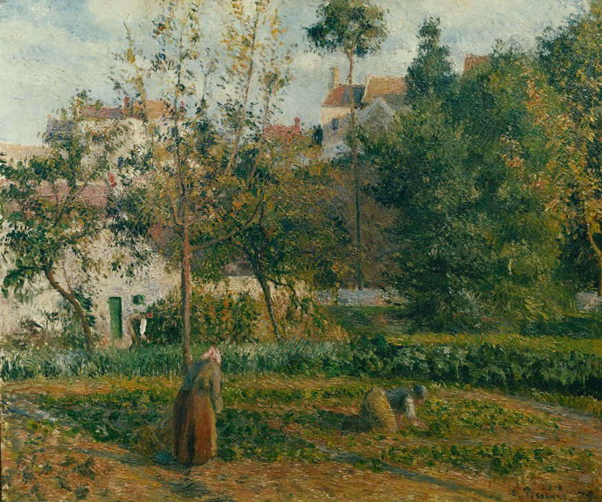 Camille Pissarro, Gemüsegarten in L'Hermitage (Kunst,Landschaft,Gemüsegarten,Impressionismus,Baum,Gartenarbeit,Französische Kunst,Obstbaum,Nutzgarten,Garten)