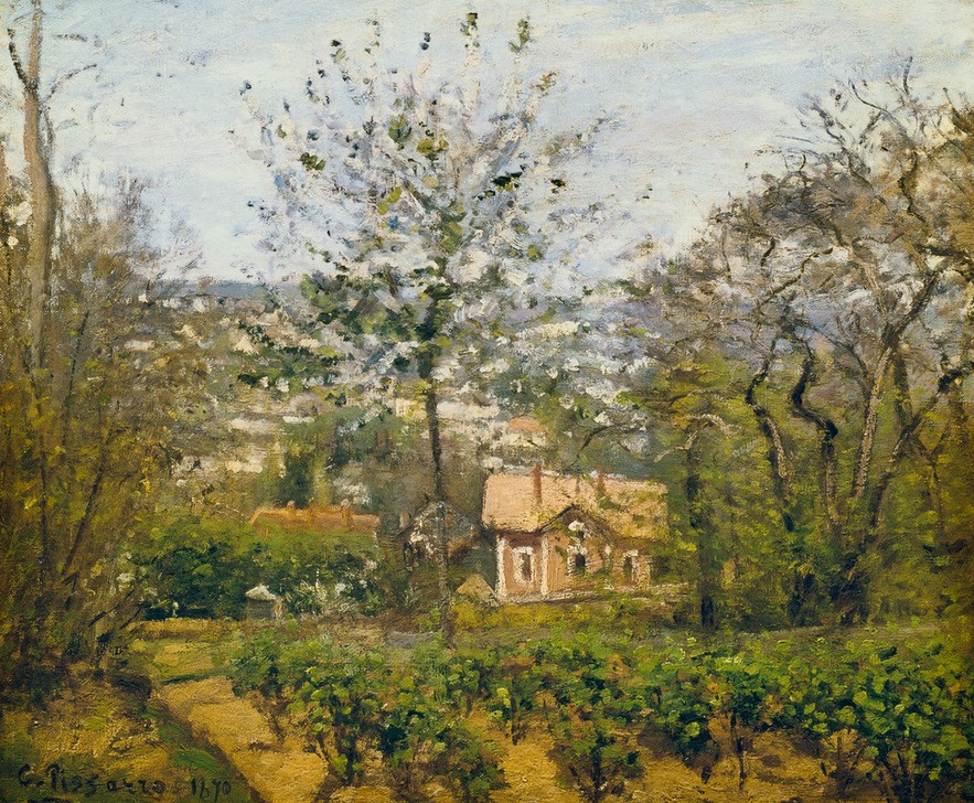 Camille Pissarro, Das Landhaus, das rosa Haus / Weiler Le Coeur Volant (Haus,Kunst,Landhaus,Landschaft,Obstbau,Wohnhaus (Allgemein),Impressionismus,Französische Kunst,Gartenbau)