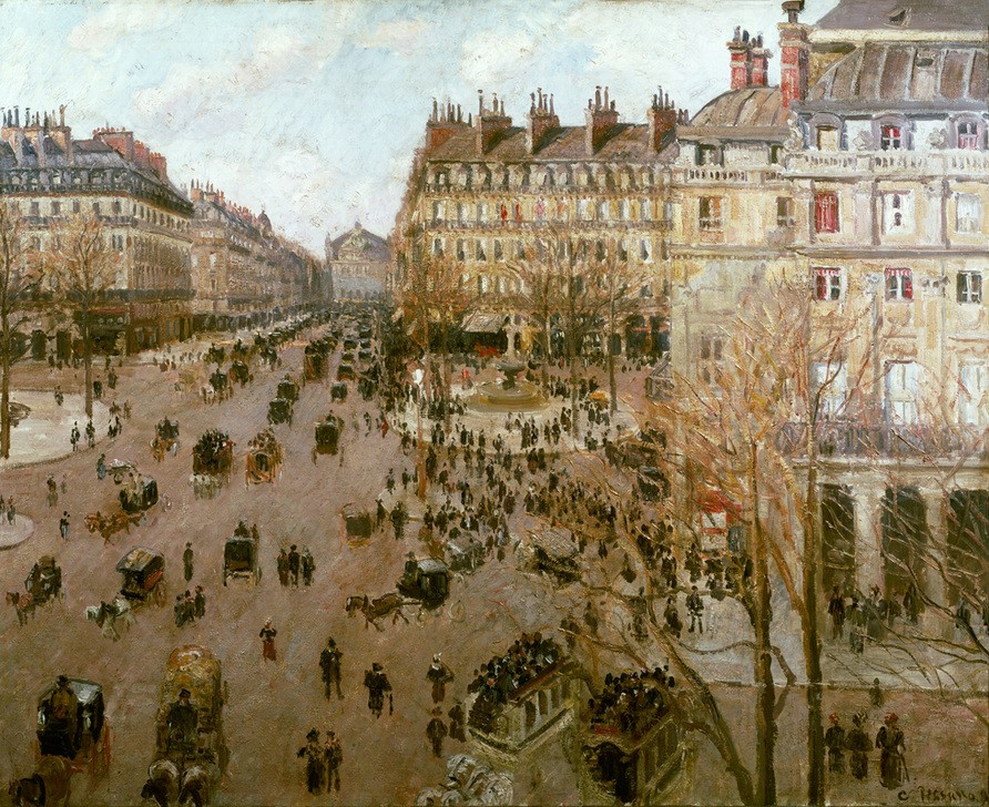 Camille Pissarro, Die Place du Théâtre-Français und die Avenue de l'Opéra, Winter, Sonnenschein (Architektur,Geographie,Haus,Kutsche,Kunst,Pferdebahn,Pferdeomnibus,Stadt,Strasse (Allgemein),Strassenszene,Verkehr,Wohnhaus (Allgemein),Platz,Impressionismus,Grossstadt,Architekturdarstellung,Französische Kunst,Fussgänger,Jahrhundertwende,Topographie,Öffe)