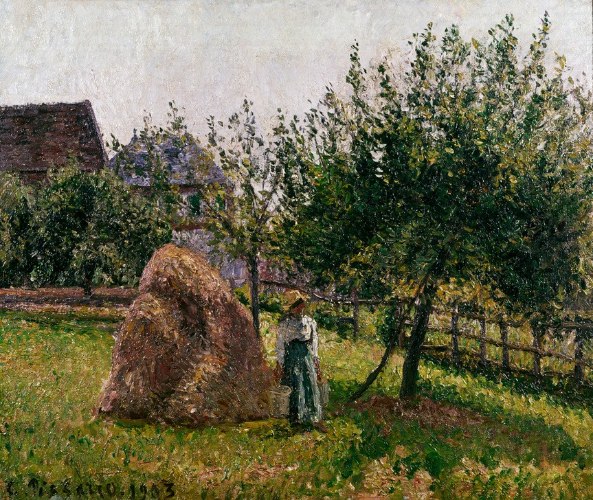 Camille Pissarro, Apfelbäume und Heuhaufen, sonniger Vormittag (Dorf,Frau,Kunst,Landschaft,Obstbau,Obstgarten,Impressionismus,Pointillismus,Wiese,Bäuerin,Französische Kunst,Apfelbaum,Heuschober,Obstbaum)