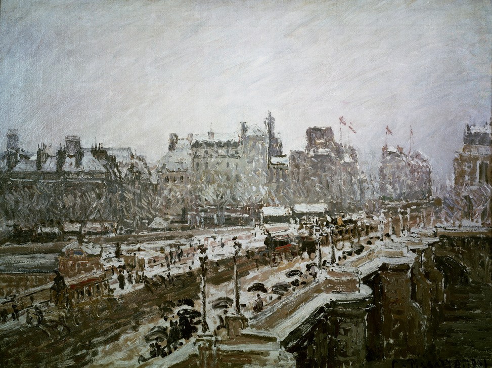 Camille Pissarro, Der Pont-Neuf im Schnee (Brücke,Geographie,Jahreszeiten,Kunst,Verkehr,Winter,Impressionismus,Vedute,Architekturdarstellung,Französische Kunst,Stadtverkehr,Ansicht,Stadtlandschaft,Topographie)