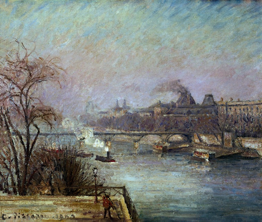 Camille Pissarro, Der Louvre, Nebel, 32. Serie (Geographie,Gewässer,Kunst,Meteorologie,Impressionismus,Fluss,Nebel,Französische Kunst,Ansicht,Schlepper,Stadtlandschaft,Topographie)