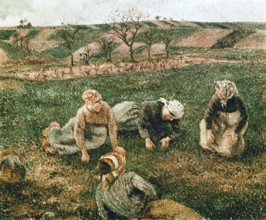 Camille Pissarro, Die Jäterinnen, Pontoise (Ackerbau,Arbeit,Frau,Kunst,Impressionismus,Pointillismus,Bäuerin,Französische Kunst,Landbevölkerung,Jäten,Feldarbeit,Landwirtschaft)