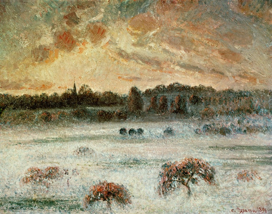 Camille Pissarro, Untergehende Sonne mit Nebel, Éragny (Kunst,Landschaft,Meteorologie,Sonnenuntergang,Tageszeiten,Abend,Impressionismus,Pointillismus,Nebel,Französische Kunst)