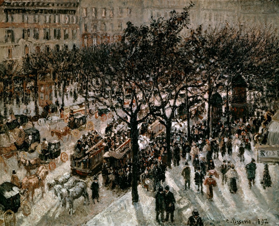Camille Pissarro, Der Boulevard des Italiens, Nachmittag, Sonnenschein (Allee,Geographie,Kutsche,Kunst,Pferdeomnibus,Verkehrswege,Strasse (Allgemein),Strassenszene,Verkehr,Urbanistik,Impressionismus,Grossstadt,Pointillismus,Französische Kunst,Fussgänger,Stadtverkehr,Boulevard,Sonnenschein,Topographie)