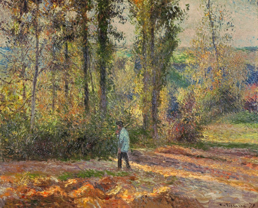 Camille Pissarro, Landschaft bei Pontoise mit einem Jäger (Jäger,Jagd,Kunst,Landschaft,Mann,Wald,Impressionismus,Französische Kunst)