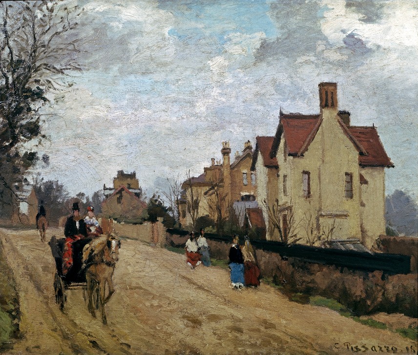 Camille Pissarro, Straße in Upper Norwood (Droschke,Haus,Kutsche,Kunst,Strasse (Allgemein),Wohnhaus (Allgemein),Urbanistik,Impressionismus,Architekturdarstellung,Französische Kunst,Vorort,Schlechtes Wetter)