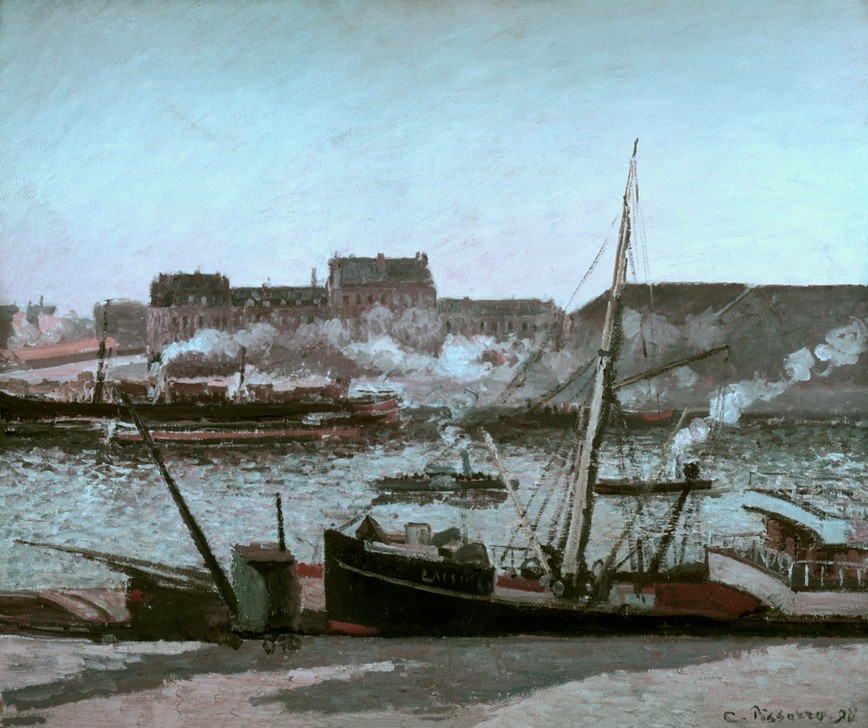 Camille Pissarro, Quai de la Bourse, Rouen, Nachmittag (Geographie,Hafen,Kran,Kunst,Regen,Verkehr,Impressionismus,Fluss,Pointillismus,Lastkahn,Französische Kunst,Rauch,Binnenschiffahrt,Güterverkehr,Industrielandschaft,Entladen,Flusschiffahrt,Topographie,Schlechtes Wetter,Quai,Schifffahrt)