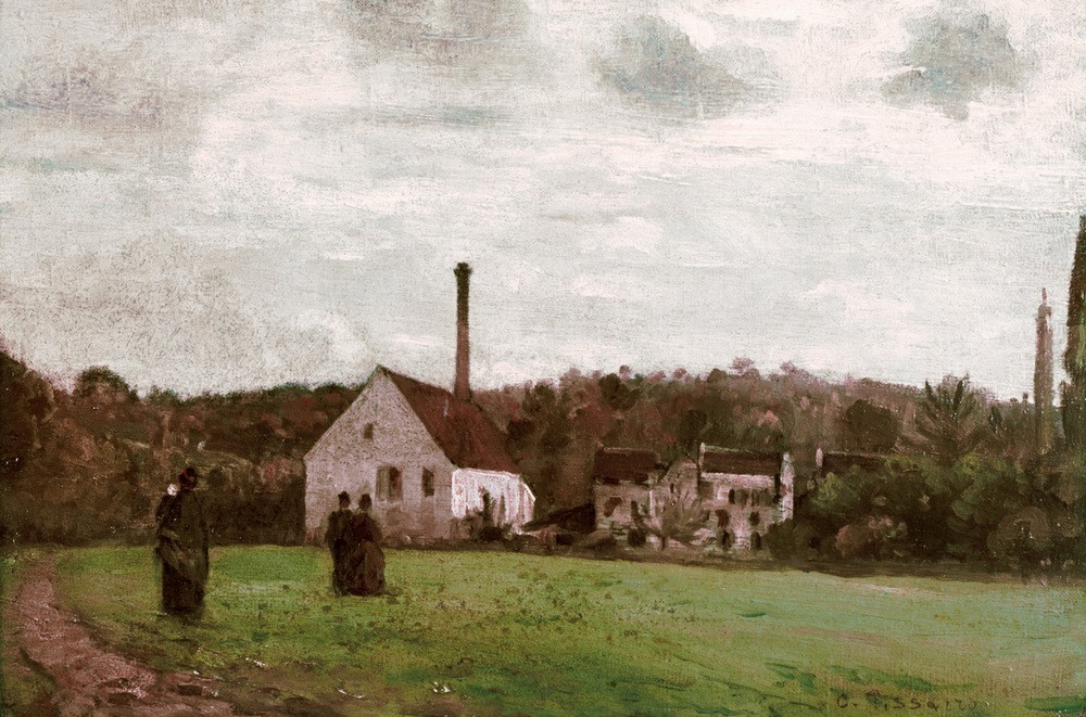 Camille Pissarro, Die kleine Fabrik (Industrie,Kunst,Landschaft,Schornstein,Impressionismus,Fabrik,Industrialisierung,Architekturdarstellung,Französische Kunst,Industrielandschaft)