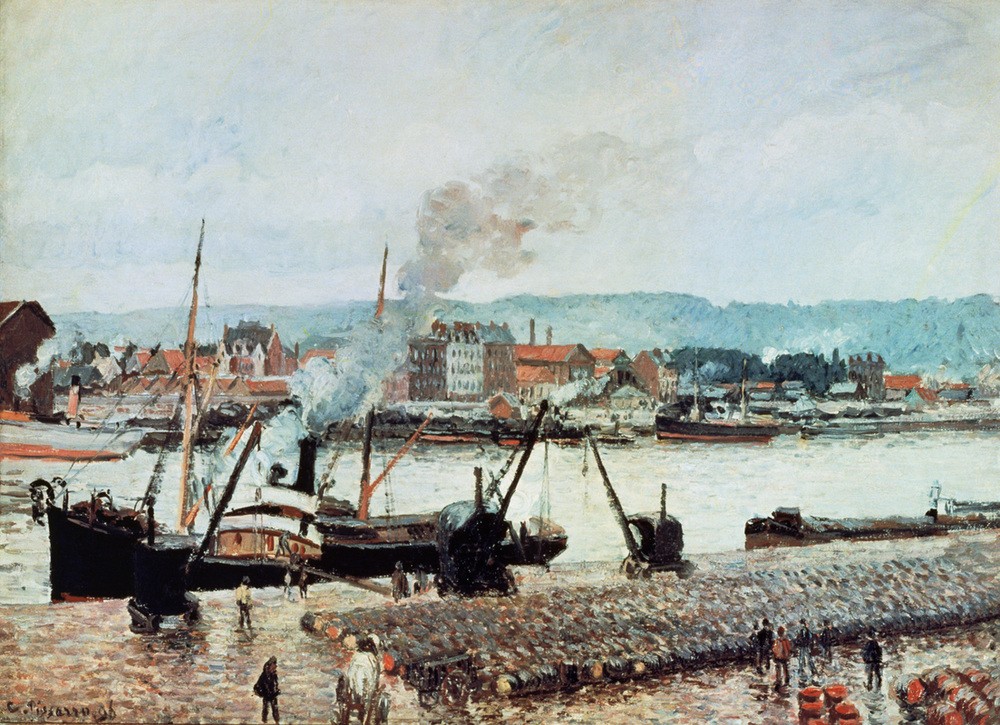 Camille Pissarro, Entladen der Fässer, Quai de Bourse in Rouen, Regenwetter (Geographie,Hafen,Kran,Kunst,Verkehr,Impressionismus,Fluss,Pointillismus,Lastkahn,Französische Kunst,Rauch,Binnenschiffahrt,Güterverkehr,Industrielandschaft,Entladen,Flusschiffahrt,Topographie,Quai,Schifffahrt)