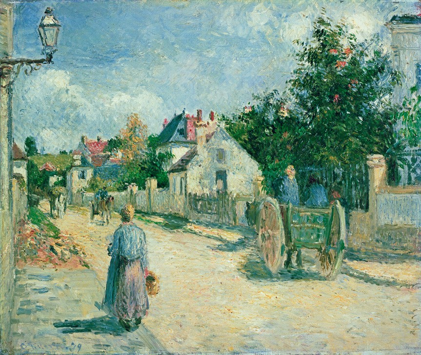 Camille Pissarro, Rue de l’Hermitage, Pontoise (Kunst,Strasse (Allgemein),Strassenszene,Verkehr,Urbanistik,Impressionismus,Architekturdarstellung,Französische Kunst,Fussgängerin,Eselskarren)