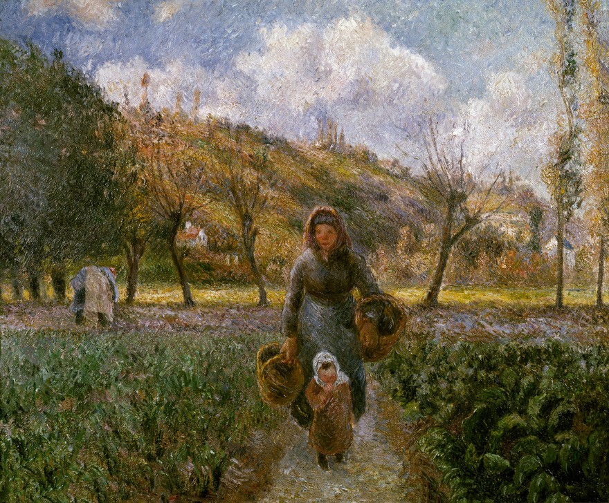 Camille Pissarro, Bäuerin und Kind in den Feldern, Auvers-sur-Oise (Frau,Kind,Kunst,Landschaft,Mutter Und Kind,Volkskunde,Impressionismus,Mutter,Bäuerin,Fussweg,Feldweg,Französische Kunst,Landleben,Gemüseanbau,Landbevölkerung,Bevölkerung,Land Und Leute,Landwirtschaft)