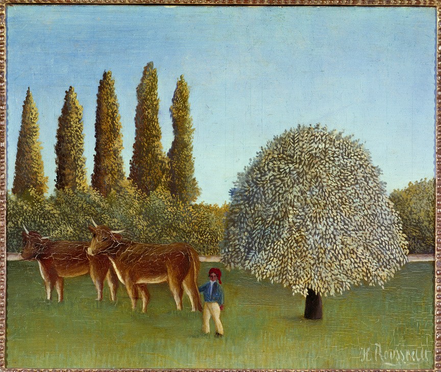 Henri Rousseau, Weideland (Landwirtschaft, Rinder, Rinderzucht, Weide, Hirte, Bäume, naive Malerei, Wohnzimmer, Treppenhaus, Malerei, Wunschgröße, Klassische Moderne, bunt)