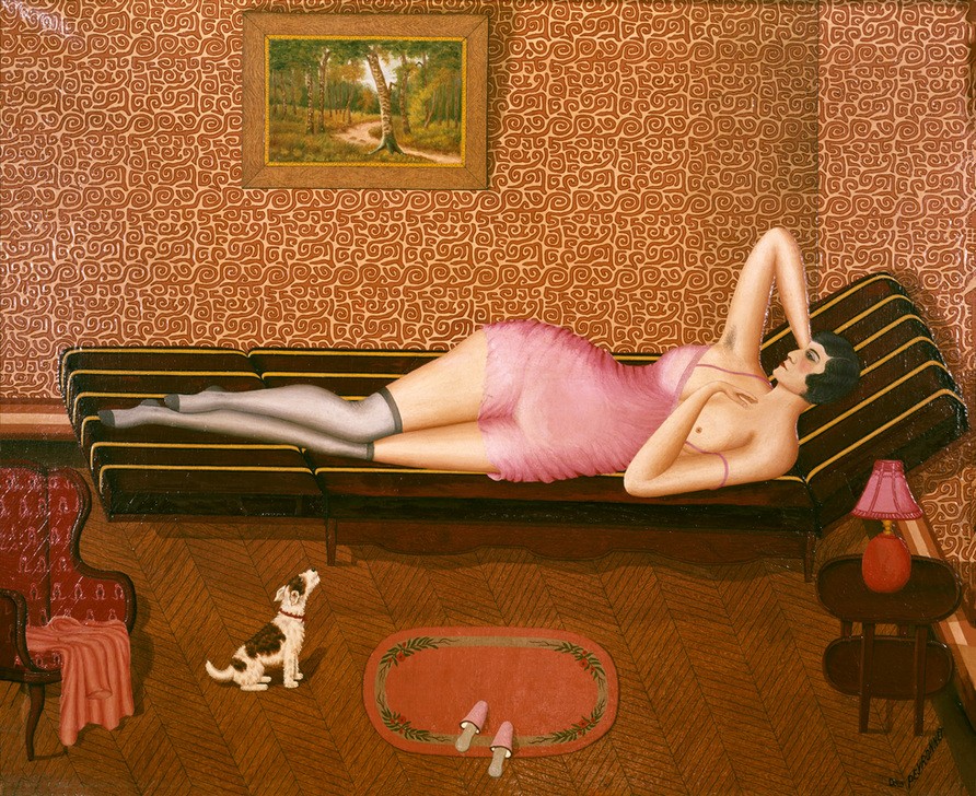 Dominique Peyronnet, Sommerlicher Mittagsschlaf (Liegende Frau) (Erotik,Frau,Kunst,Hund,Mittagsschlaf,Siesta,Langeweile,Naive Malerei,Sofa,Französische Kunst,Erotische Kunst,Haustier,Halbakt,Frau Und Tier,Tier,Unterkleid,Damenstrumpf,Nichtstun,Pantoffel,Entspannung,Naive Kunst,Schlafen (Schlaf),Liege)