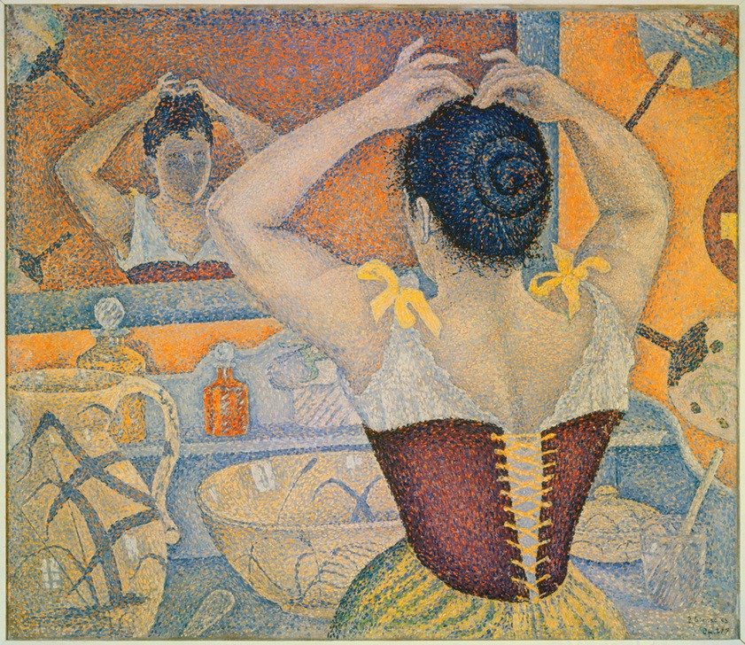 Paul Signac, Sich frisierende Frau (Frau,Haarpflege,Kunst,Mieder,Morgentoilette,Spiegel,Toilette (Körperpflege),Waschgeschirr,Pointillismus,Rückenfigur,Französische Kunst,Spiegelbild,Frauenleben,Privatsammlung,Frisieren,Postimpressionismus,Frisur,Waschtisch,Schnürmieder)
