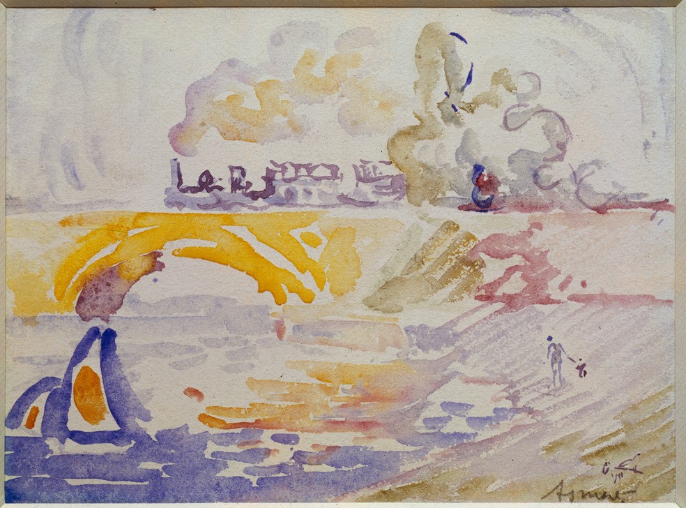 Paul Signac, Die Brücke von Asnières (Brücke,Eisenbahnbrücke,Eisenbahn,Kunst,Verkehr,Fluss,Pointillismus,Architekturdarstellung,Französische Kunst,Dampflokomotive,Verkehrsbauten,Verkehrsmittel,Eisenbahnstrecke)