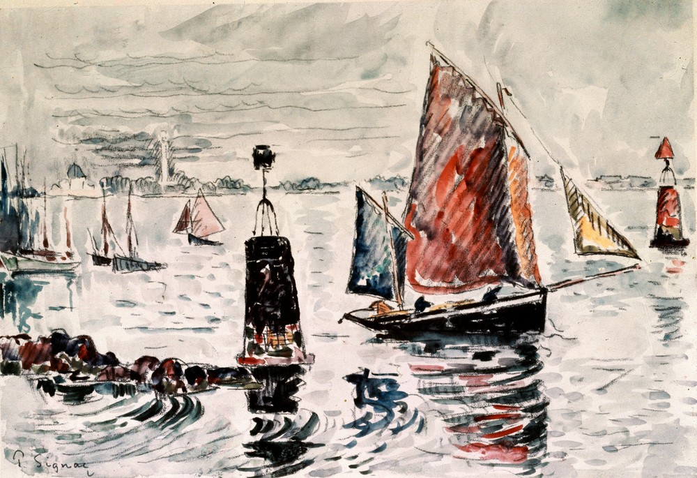Paul Signac, Der Leuchtturm (Küste,Kunst,Leuchtturm,Fischerboot,Meer,Segelboot,Pointillismus,Marinemalerei,Französische Kunst,Bake,Schifffahrt)