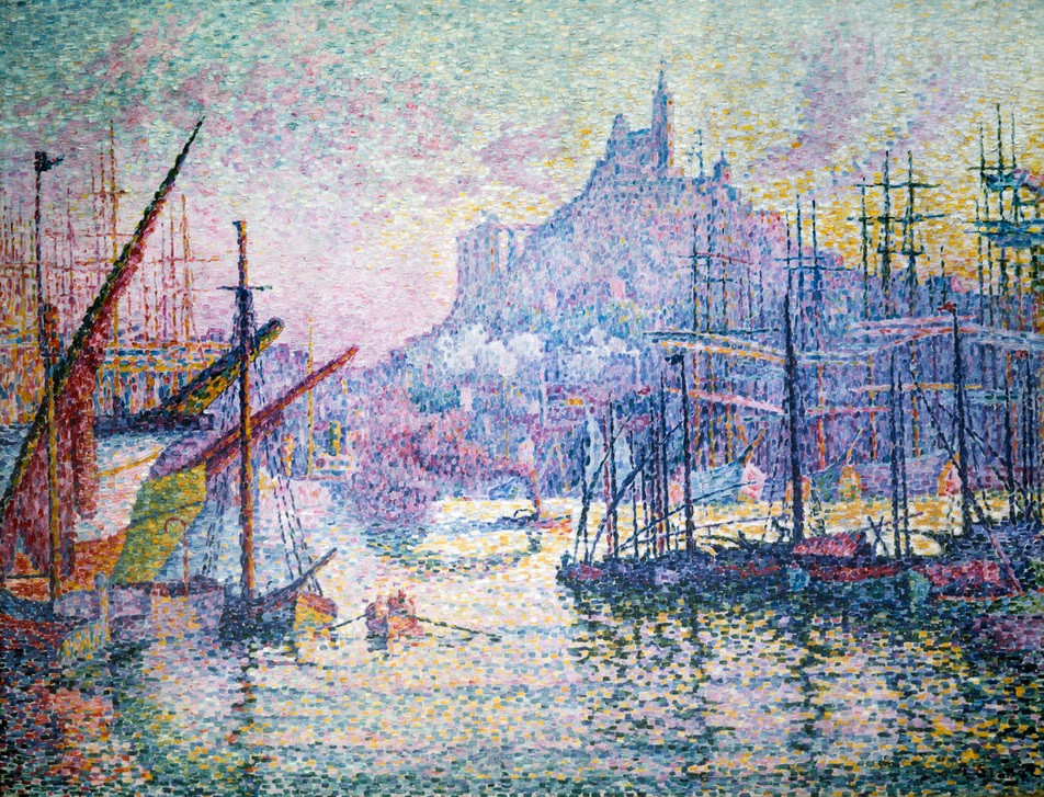 Paul Signac, Notre-Dame-de-la-Garde (La Bonne-Mère), Marseille (Geographie,Hafen,Kirche,Küste,Kunst,Schiff,Segelschiff,Segelboot,Pointillismus,Französische Kunst,Topographie,Schifffahrt)