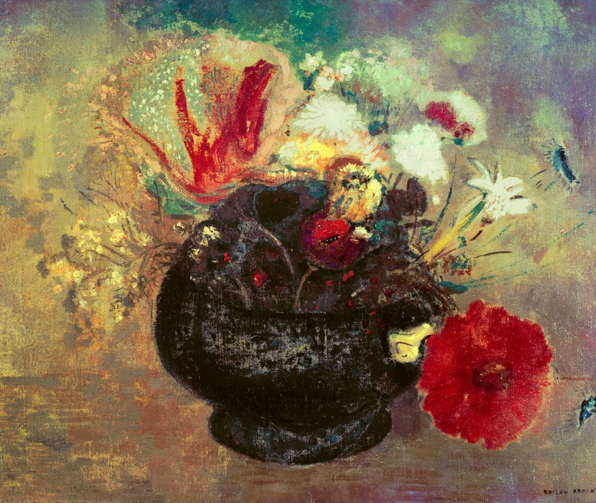Odilon Redon, Pfingstrosen, Flieder und Blattwerk (Postimpressionismus, Stillleben, Blumenvase, Blüten, Blumen, floral, klassische Moderne, Malerei, Wohnzimmer, Esszimmer, Treppenhaus, Wunschgröße, bunt)