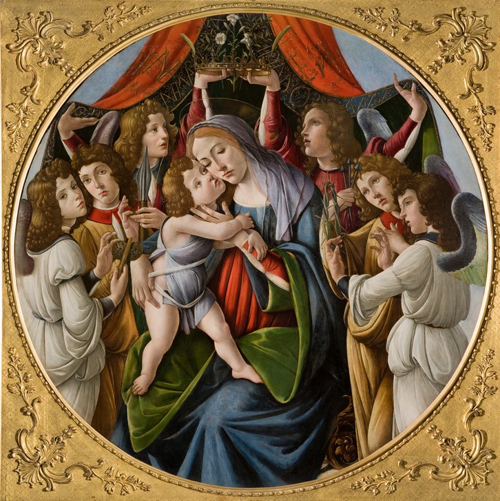 Sandro Botticelli, Maria mit Kind und sechs Engeln (Christentum, Engel, Neues Tesament, Maria, Krone, Jesus Christus, Jesuskind, Leidenswerkzeuge, Religion,   Renaissance, Klassiker, Schlafzimmer, Wohnzimmer,  Detail,  bunt)